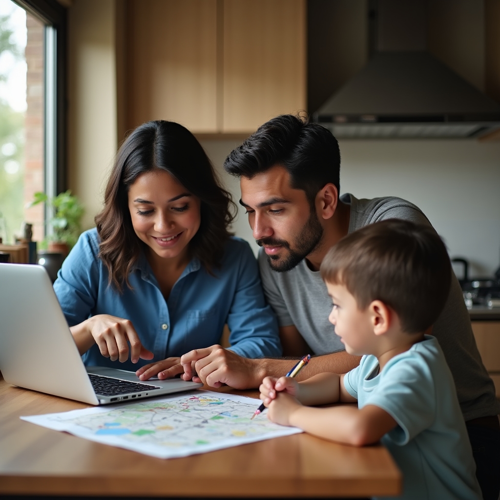 Family using a laptop to research neighborhoods before relocating