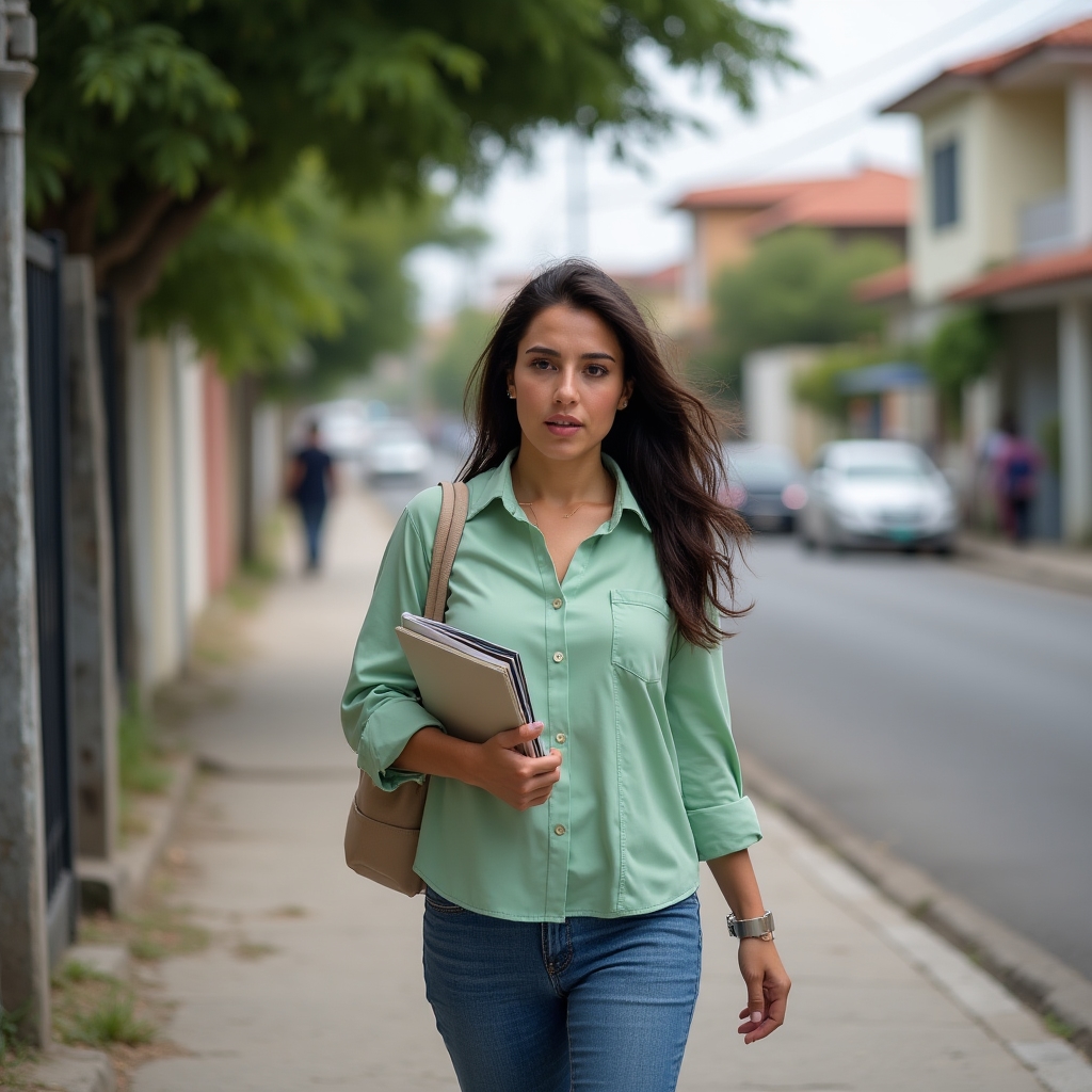 Person walking through a neighborhood street evaluating the area before renting