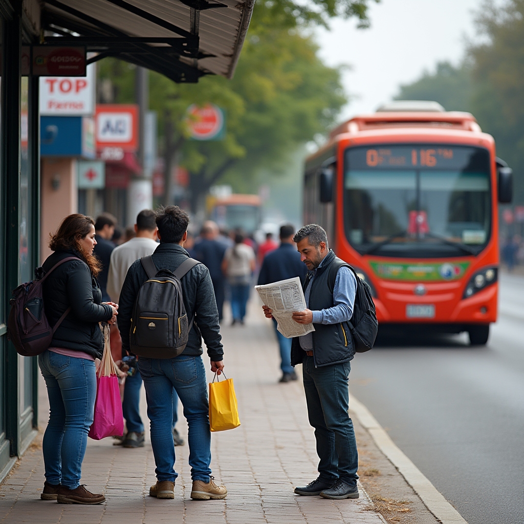 Bus stop in an Asunción neighborhood with people waiting during weekday morning commute